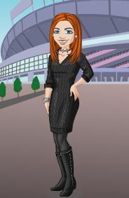 Kim's Yahoo Avatar for this entry, black dress, hose, boots... in front of a stadium